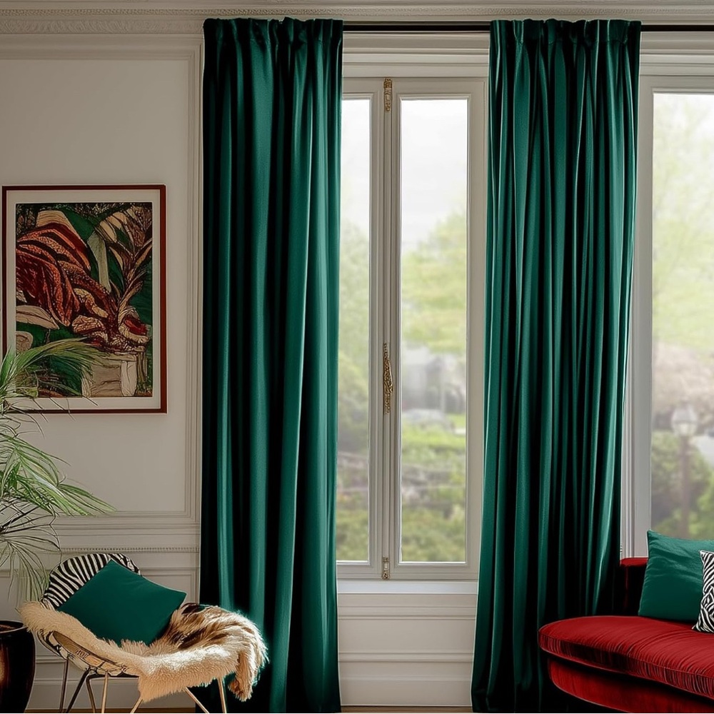 Velvet Green Curtain set (two panels, good condition)